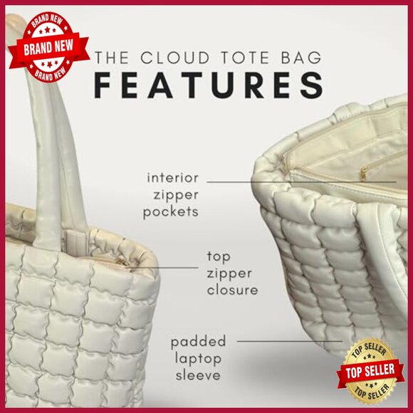 Large Puffer Tote Bag with Insert Pouch, Quilted Polyester, 8 Pockets - Picture 5 of 7